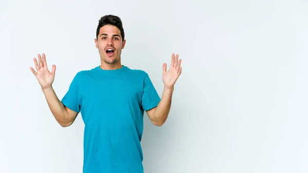 Young Caucasian Man Isolated White Background Celebrating Victory Success Surprised — Stock Photo, Image