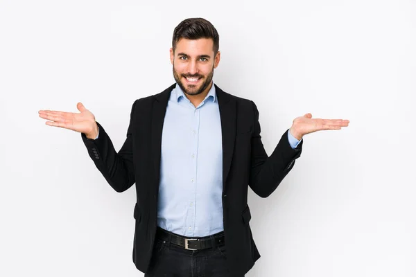 Young Caucasian Business Man White Background Isolated Makes Scale Arms — Stock Photo, Image