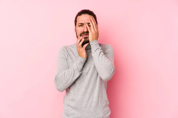 Young Long Hair Man Isolated Pink Background Whining Crying Disconsolately — Stock Photo, Image