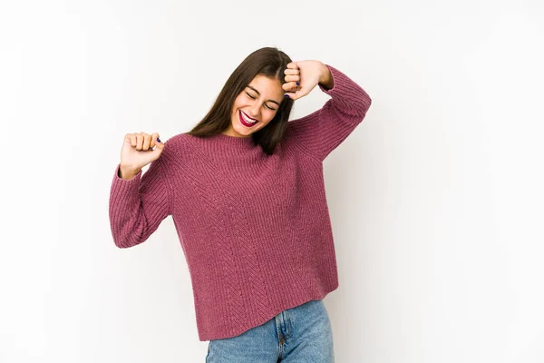 Mujer Caucásica Joven Aislada Sobre Fondo Blanco Celebrando Día Especial — Foto de Stock