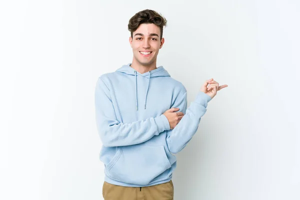 Young Caucasian Man Isolated White Background Smiling Cheerfully Pointing Forefinger — Stock Photo, Image