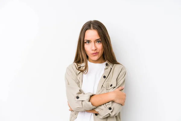 Young Caucasian Woman Isolated Frowning Face Displeasure Keeps Arms Folded — Stock Photo, Image