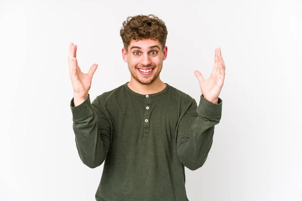 Young Blond Curly Hair Caucasian Man Isolated Receiving Pleasant Surprise — Stock Photo, Image