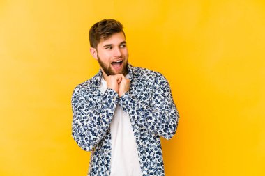 Sarı arka planda izole edilmiş genç beyaz adam ellerini çenesinin altında tutuyor ve mutlu bir şekilde yan tarafa bakıyor..