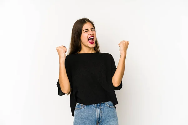 Jonge Kaukasische Vrouw Geïsoleerd Witte Achtergrond Verhogen Vuist Een Overwinning — Stockfoto