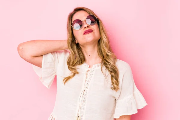 Young Caucian Woman Glasses Isolated Pink Background Having Neck Pain — Stock Photo, Image