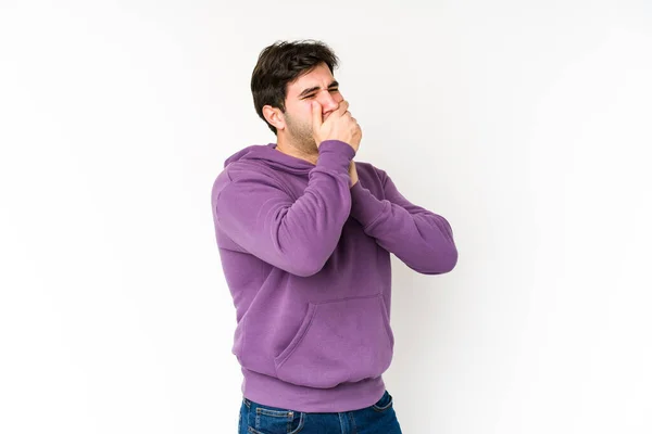 Young Man Isolated White Background Suffers Pain Throat Due Virus — Stock Photo, Image