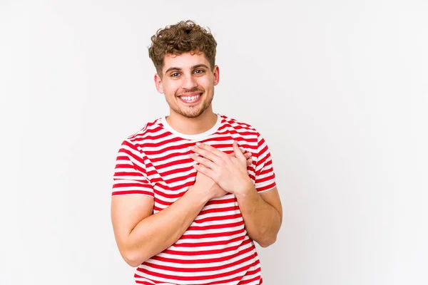 Young Blond Curly Hair Caucasian Man Isolated Laughing Keeping Hands — Stock Photo, Image