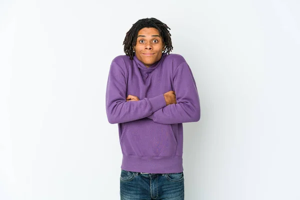 Young African American Rasta Man Shrugs Shoulders Open Eyes Confused — Stock Photo, Image