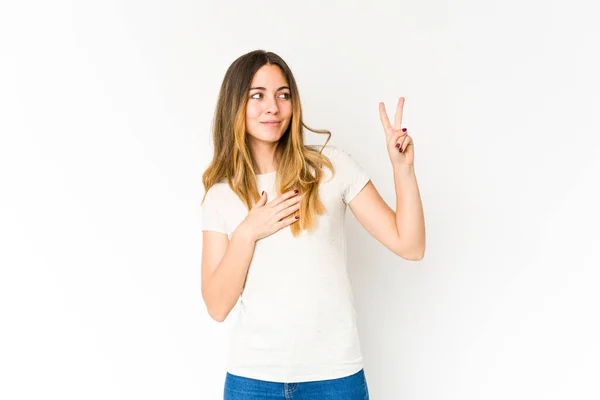 Young Caucasian Woman Isolated White Background Taking Oath Putting Hand — Stock Photo, Image