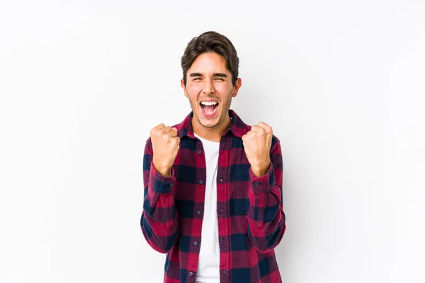 Young Caucasian Man Posing Pink Background Isolated Cheering Carefree Excited — Stock Photo, Image