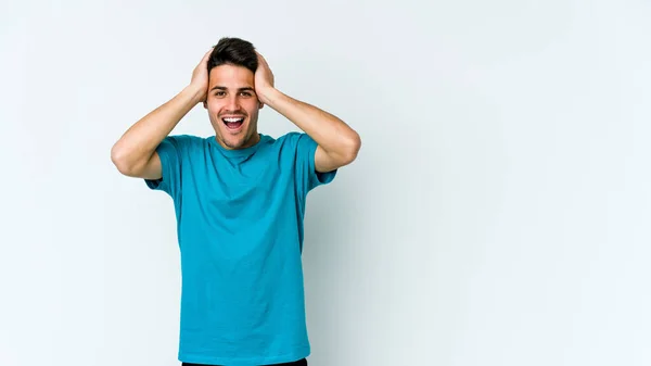 Jovem Caucasiano Isolado Fundo Branco Gritando Muito Animado Apaixonado Satisfeito — Fotografia de Stock