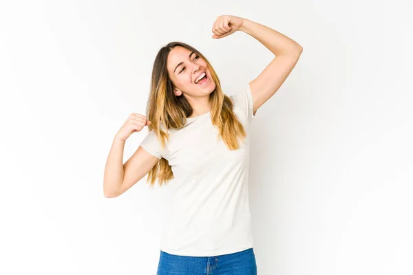 Mujer Caucásica Joven Aislada Sobre Fondo Blanco Celebrando Día Especial — Foto de Stock