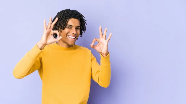 Young Black Man Wearing Rasta Hairstyle Cheerful Confident Showing Gesture — Stock Photo, Image