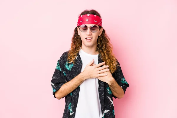 Young Hippie Caucasian Man Isolated Laughing Keeping Hands Heart Concept — Stock Photo, Image