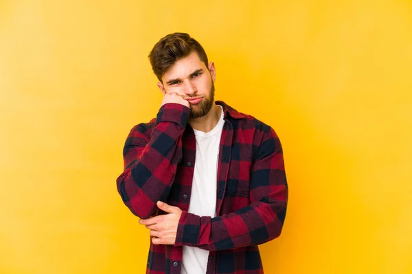 Young Caucasian Man Isolated Yellow Background Who Feels Sad Pensive — Stock Photo, Image