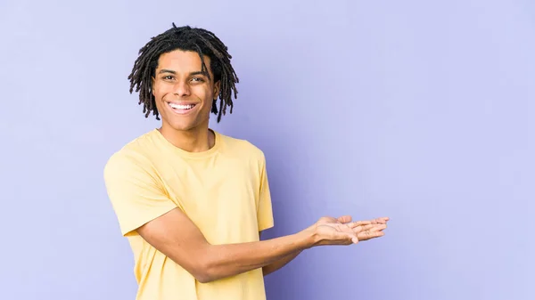Young African American Rasta Man Holding Copy Space Palm — Stock Photo, Image