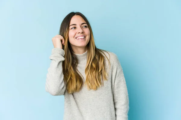 Young Caucasian Woman Isolated Blue Background Celebrating Victory Passion Enthusiasm — Stock Photo, Image