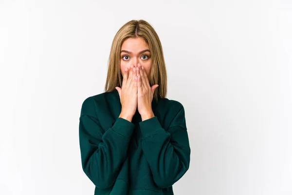 Young Blonde Caucasian Woman Isolated Shocked Covering Mouth Hands Anxious — Stock Photo, Image