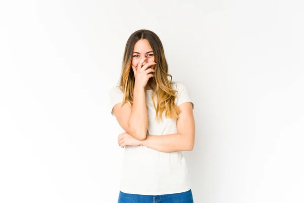 Joven Mujer Caucásica Aislada Sobre Fondo Blanco Riendo Feliz Despreocupada —  Fotos de Stock