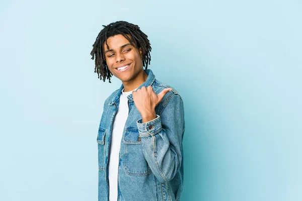 Young Black Man Wearing Jeans Jacket Points Thumb Finger Away — Stock Photo, Image