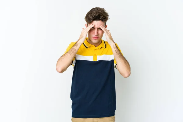 Young Caucasian Man Isolated White Background Having Head Ache Touching — Stock Photo, Image