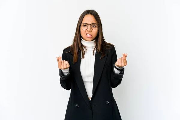 Young Mixed Race Business Woman Isolated White Background Showing She — Stock Photo, Image