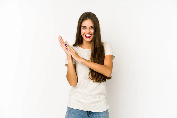 Young Caucasian Woman Isolated White Background Feeling Energetic Comfortable Rubbing — Stock Photo, Image