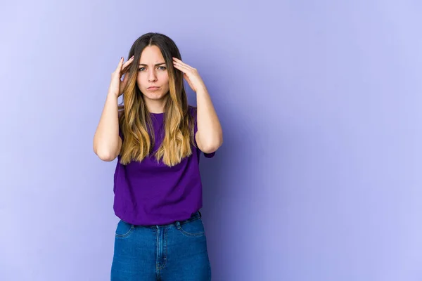 Young Caucasian Woman Isolated Purple Background Touching Temples Having Headache — Stock Photo, Image