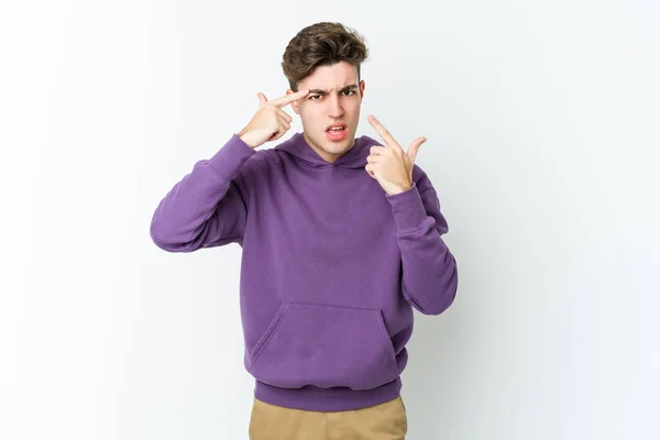 Young Caucasian Man Isolated White Background Showing Disappointment Gesture Forefinger — Stock Photo, Image