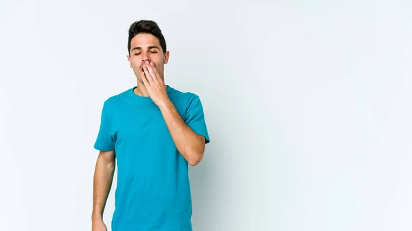 Young Caucasian Man Isolated White Background Yawning Showing Tired Gesture — Stock Photo, Image