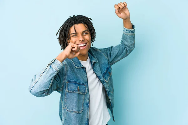 Young Black Man Wearing Jeans Jacket Dancing Having Fun — Stock Photo, Image