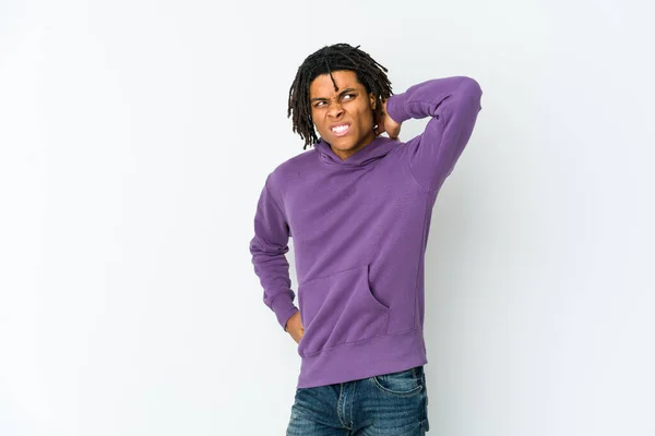 Jovem Africano Americano Rasta Homem Sofrendo Dor Pescoço Devido Sedentarismo — Fotografia de Stock