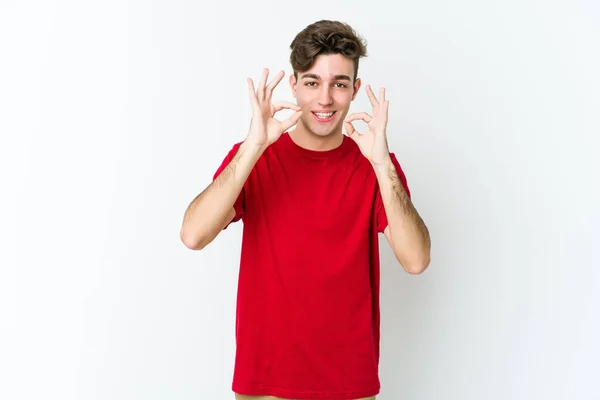 Young Caucasian Man Isolated White Background Cheerful Confident Showing Gesture — Stock Photo, Image