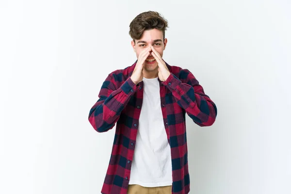 Jonge Blanke Man Geïsoleerd Witte Achtergrond Die Roddelt Wijst Naar — Stockfoto