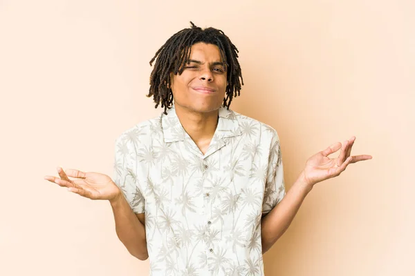 Young African American Rasta Man Doubting Shrugging Shoulders Questioning Gesture — Stock Photo, Image