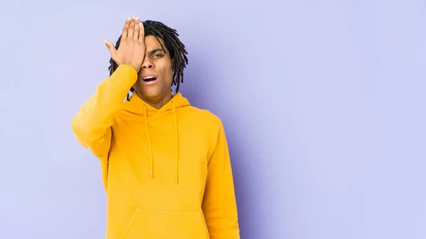 Young African American Rasta Man Forgetting Something Slapping Forehead Palm — Stock Photo, Image