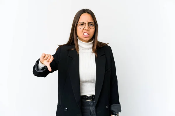 Jovem Mista Mulher Negócios Isolado Fundo Branco Mostrando Polegar Para — Fotografia de Stock