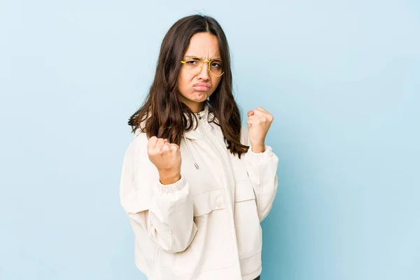 Young Mixed Race Hispanic Woman Isolated Showing Fist Camera Aggressive — Stock Photo, Image