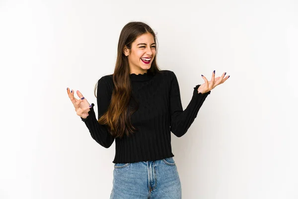 Mulher Caucasiana Jovem Isolado Fundo Branco Alegre Rindo Muito Conceito — Fotografia de Stock