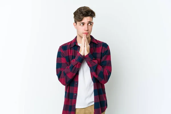 Young Caucasian Man Isolated White Background Praying Showing Devotion Religious — Stock Photo, Image