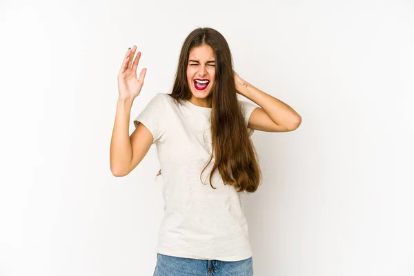 Joven Mujer Caucásica Aislada Sobre Fondo Blanco Gritando Rabia — Foto de Stock