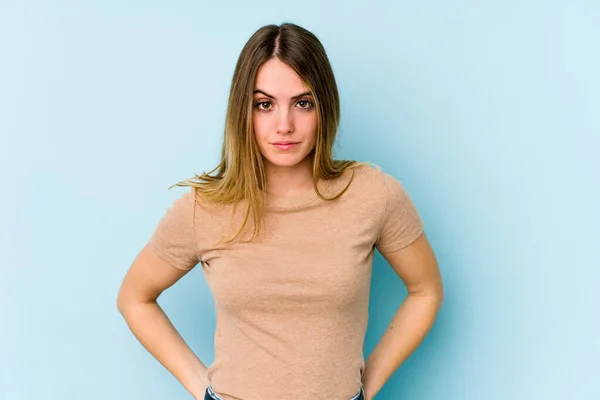 Young Caucasian Woman Isolated Blue Background Sad Serious Face Feeling — Stock Photo, Image