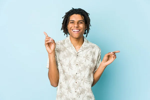 Young African American Rasta Man Pointing Different Copy Spaces Choosing — Stock Photo, Image