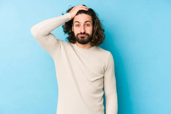 Young Long Hair Man Isolated Blue Background Being Shocked She — Stock Photo, Image