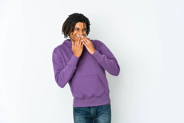 Young African American Rasta Man Laughing Something Covering Mouth Hands — Stock Photo, Image