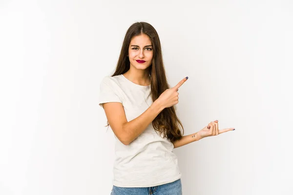 Beyaz Arka Planda Izole Edilmiş Genç Beyaz Kadın Işaret Parmağıyla — Stok fotoğraf