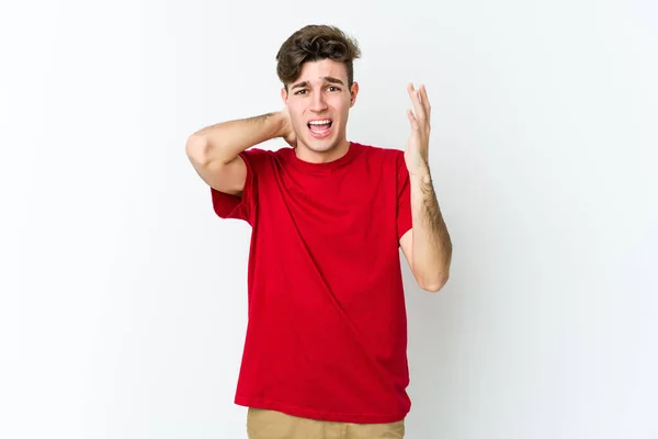 Young Caucasian Man Isolated White Background Screaming Rage — Stock Photo, Image