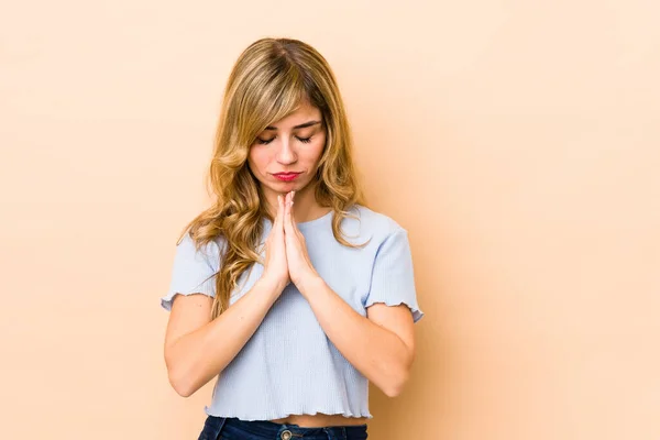 Young Blonde Caucasian Woman Praying Showing Devotion Religious Person Looking — Stock Photo, Image