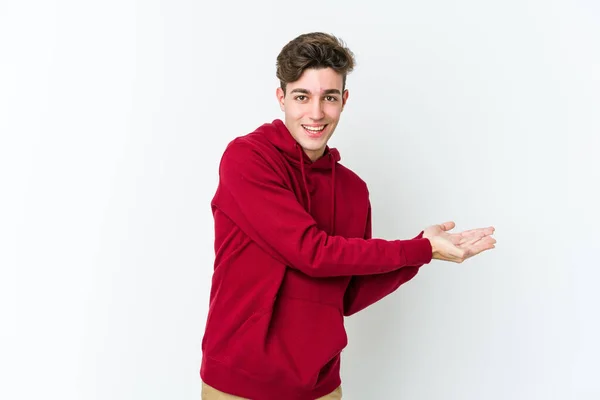 Young Caucasian Man Isolated White Background Holding Copy Space Palm — Stock Photo, Image